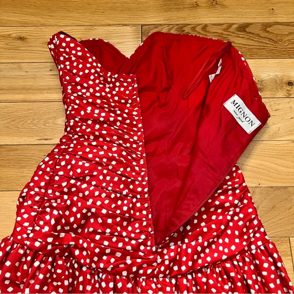 Vintage Mignon Red w White Polka Dot Strapless Mini Dress Ruffles Flower Size S - Picture 7 of 9